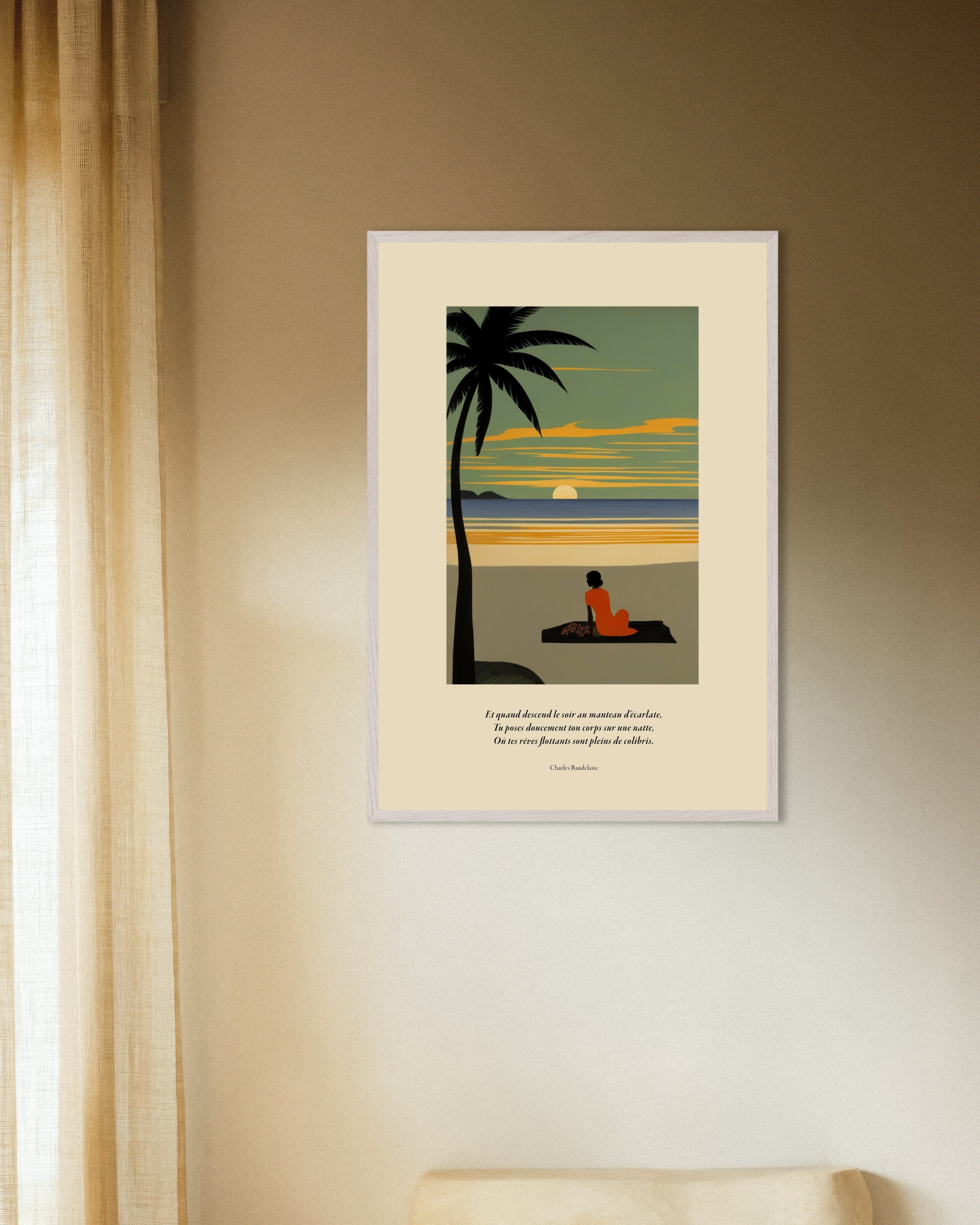 Poster of When evening descends in its scarlet cloak, Baudelaire, french, with white wooden frame