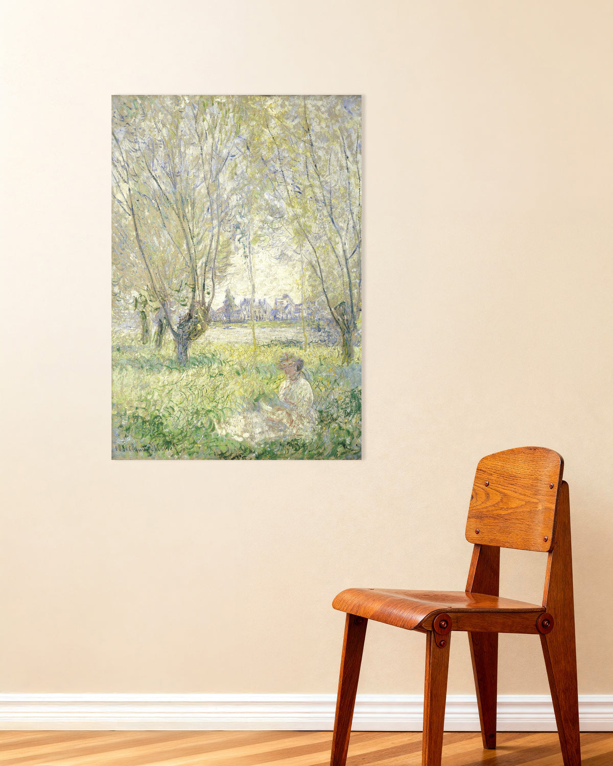 Poster Sitzende Frau unter Weiden (1880) von Claude Monet