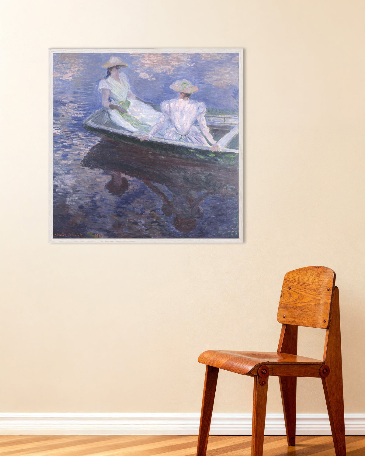 Poster Junge Mädchen im Boot (1887) von Claude Monet mit weißem Holzrahmen