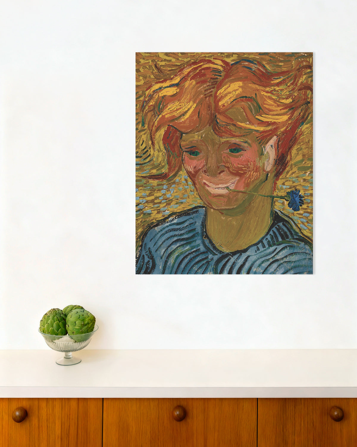 Poster des Kunstwerks „Junger Mann mit einer Kornblume (1890) von Vincent van Gogh“