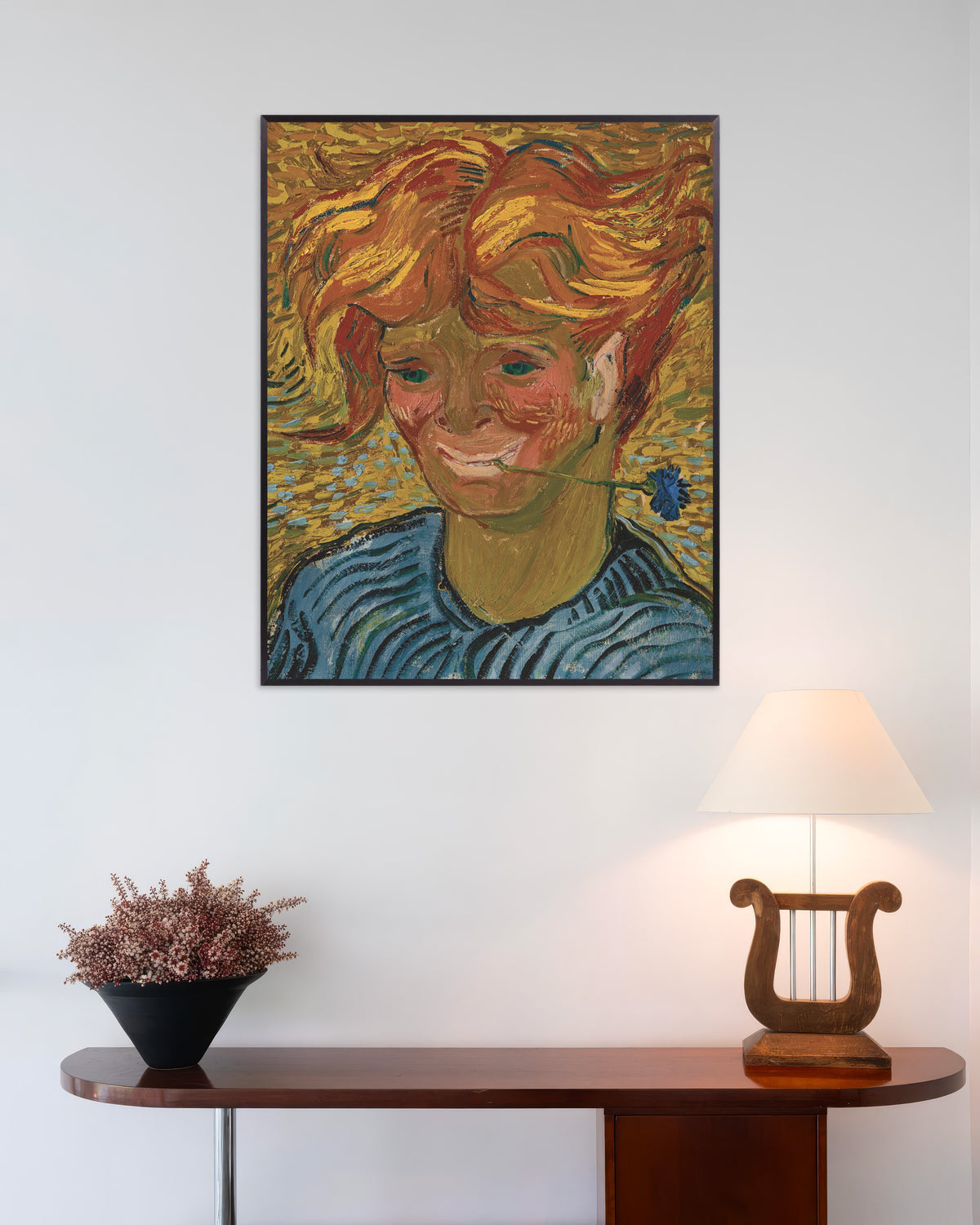 Poster des Kunstwerks „Junger Mann mit einer Kornblume (1890) von Vincent van Gogh“ mit Metallrahmen